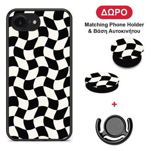 Black and Cream Wavy Checkerboard - iPhone 16e θήκη + Δώρο Phone Holder & Βάση Αυτοκινήτου