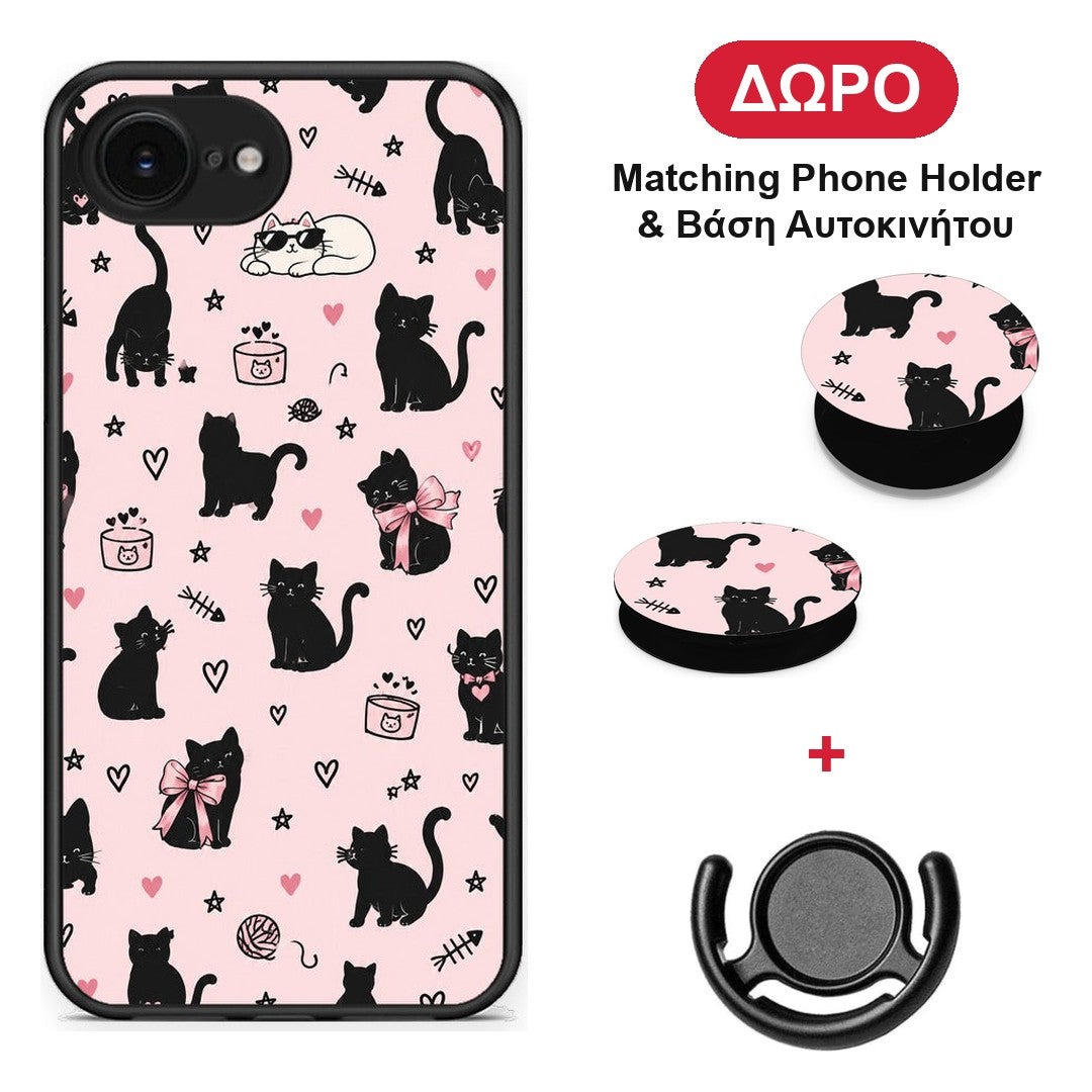Black Cat Doodles on Pink - iPhone 16e θήκη + Δώρο Phone Holder & Βάση Αυτοκινήτου