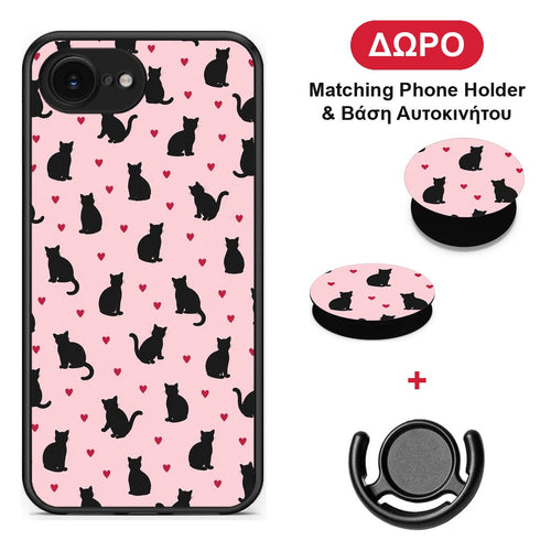 Black Cat Silhouettes and Hearts on Pink - iPhone 16e θήκη + Δώρο Phone Holder & Βάση Αυτοκινήτου