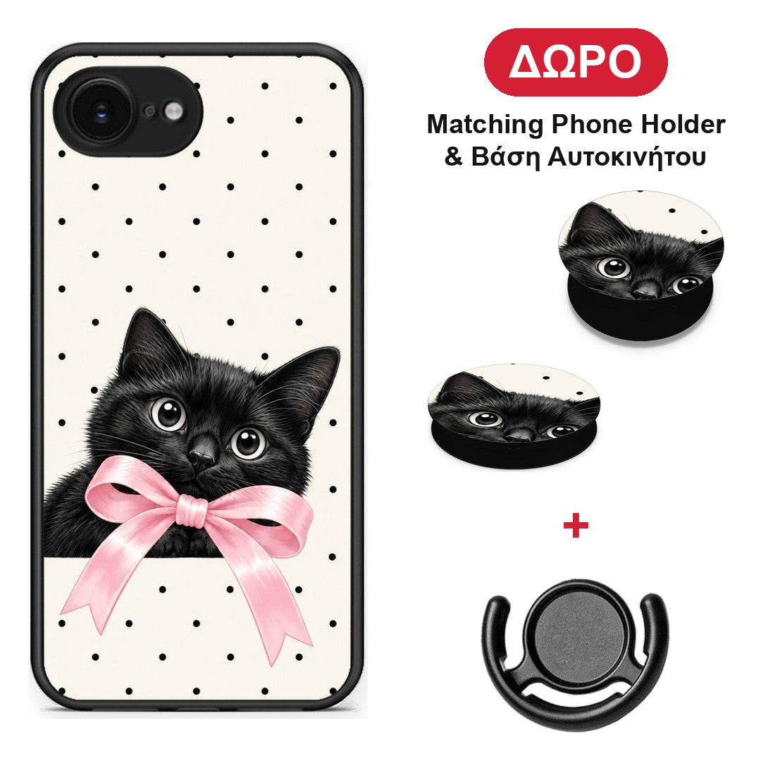 Black Kitten Pink Bow and Polka Dots - iPhone 16e θήκη + Δώρο Phone Holder & Βάση Αυτοκινήτου