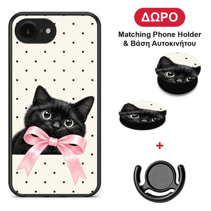 Black Kitten Pink Bow and Polka Dots - iPhone 16e θήκη + Δώρο Phone Holder & Βάση Αυτοκινήτου