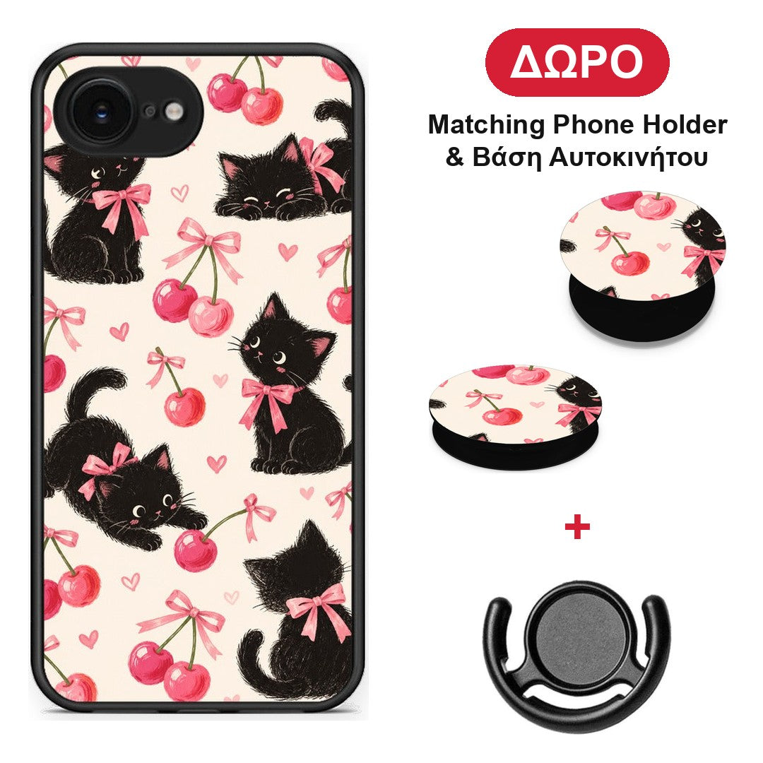 Black Kittens and Cherries on Cream - iPhone 16e θήκη + Δώρο Phone Holder & Βάση Αυτοκινήτου