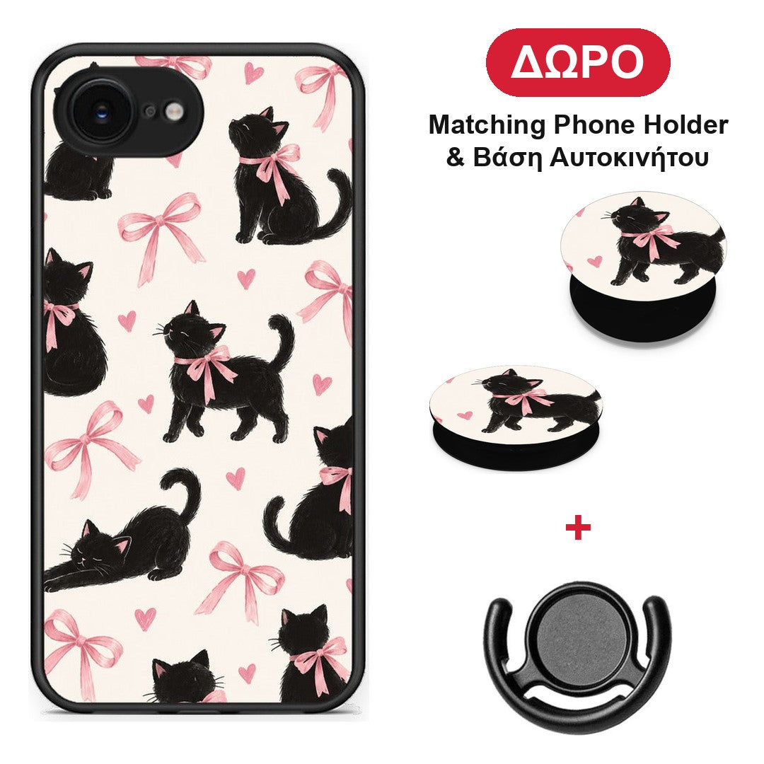 Black Kittens and Pink Bows on Cream Large - iPhone 16e θήκη + Δώρο Phone Holder & Βάση Αυτοκινήτου