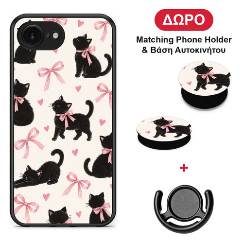 Black Kittens and Pink Bows on Cream Large - iPhone 16e θήκη + Δώρο Phone Holder & Βάση Αυτοκινήτου