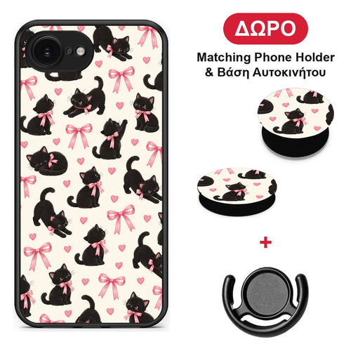 Black Kittens and Pink Bows on Cream Small - iPhone 16e θήκη + Δώρο Phone Holder & Βάση Αυτοκινήτου