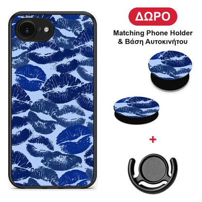 Blue Lipstick Kisses - iPhone 16e θήκη + Δώρο Phone Holder & Βάση Αυτοκινήτου