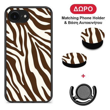 Brown and Cream Zebra Stripes - iPhone 16e θήκη + Δώρο Phone Holder & Βάση Αυτοκινήτου