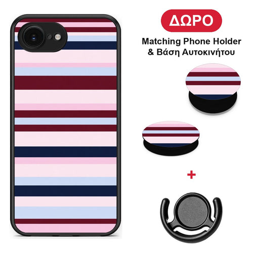 Burgundy Pink and Blue Horizontal Stripes - iPhone 16e θήκη + Δώρο Phone Holder & Βάση Αυτοκινήτου