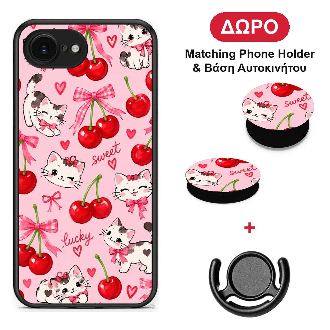Cherries Bows and Kittens on Pink - iPhone 16e θήκη + Δώρο Phone Holder & Βάση Αυτοκινήτου