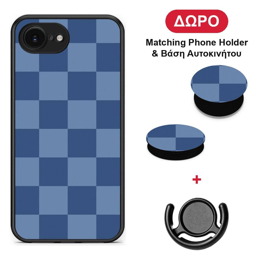 Denim Blue Checkerboard - iPhone 16e θήκη + Δώρο Phone Holder & Βάση Αυτοκινήτου
