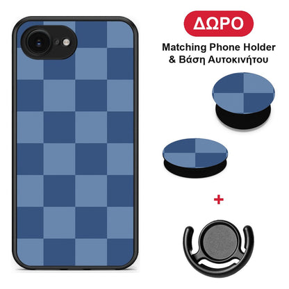 Denim Blue Checkerboard - iPhone 16e θήκη + Δώρο Phone Holder & Βάση Αυτοκινήτου