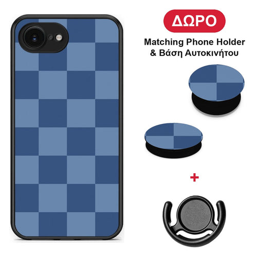 Denim Blue Checkerboard - iPhone 16e θήκη + Δώρο Phone Holder & Βάση Αυτοκινήτου