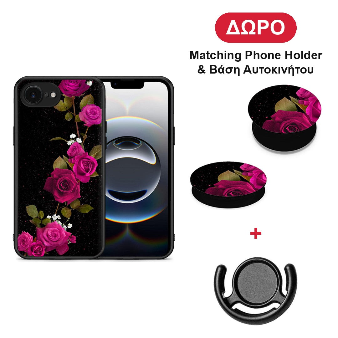 Flower Red Roses - iPhone 16e θήκη + Δώρο Phone Holder & Βάση Αυτοκινήτου