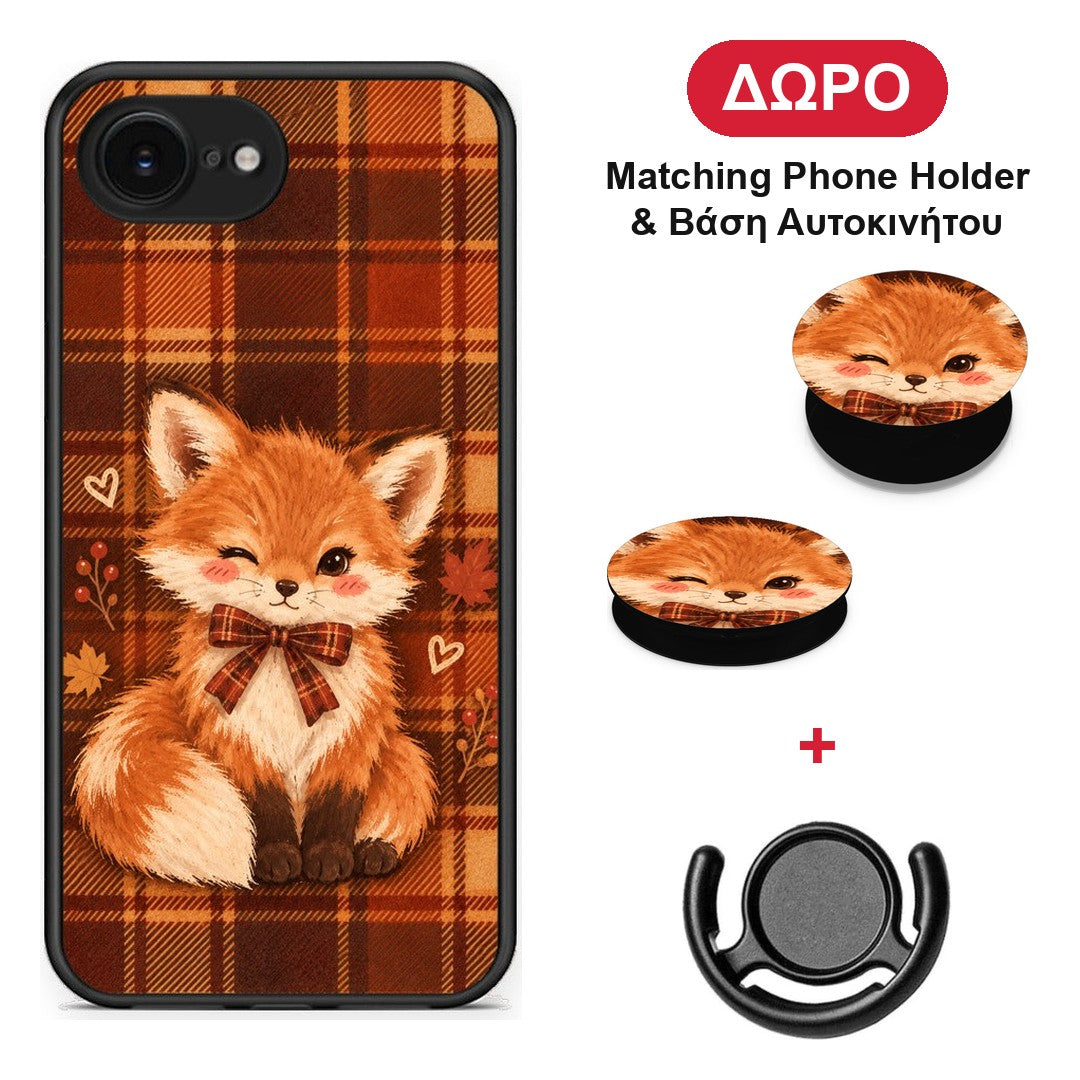 Fox on Autumn Tartan - iPhone 16e θήκη + Δώρο Phone Holder & Βάση Αυτοκινήτου