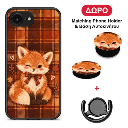 Fox on Autumn Tartan - iPhone 16e θήκη + Δώρο Phone Holder & Βάση Αυτοκινήτου