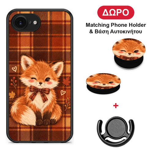 Fox on Autumn Tartan - iPhone 16e θήκη + Δώρο Phone Holder & Βάση Αυτοκινήτου
