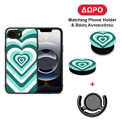 Green Hearts - iPhone 16e θήκη + Δώρο Phone Holder & Βάση Αυτοκινήτου
