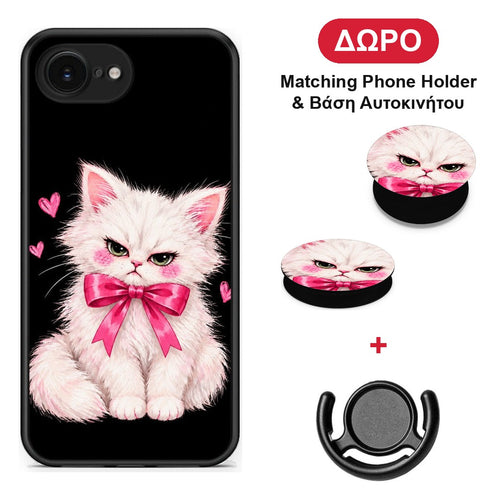 Grumpy Party Kitten on Black - iPhone 16e θήκη + Δώρο Phone Holder & Βάση Αυτοκινήτου
