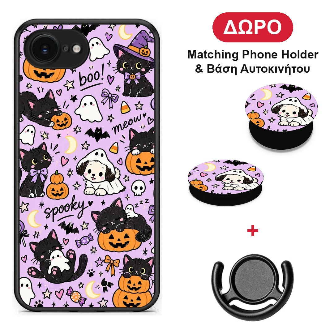 Halloween Black Cats on Lilac - iPhone 16e θήκη + Δώρο Phone Holder & Βάση Αυτοκινήτου