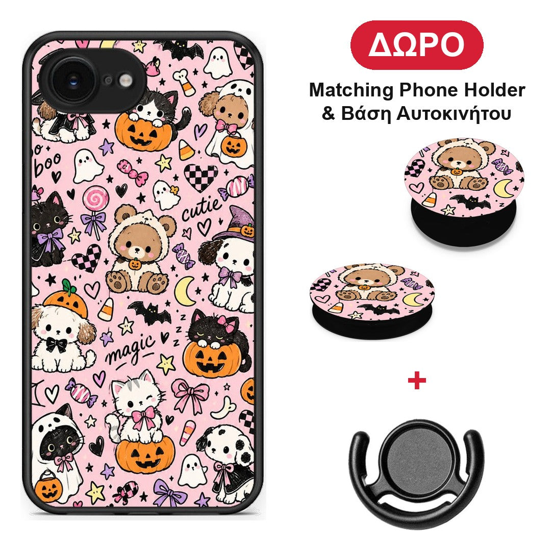 Halloween Cute Animals on Pink - iPhone 16e θήκη + Δώρο Phone Holder & Βάση Αυτοκινήτου