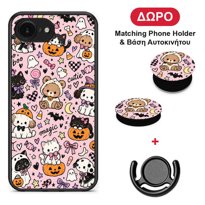 Halloween Cute Animals on Pink - iPhone 16e θήκη + Δώρο Phone Holder & Βάση Αυτοκινήτου