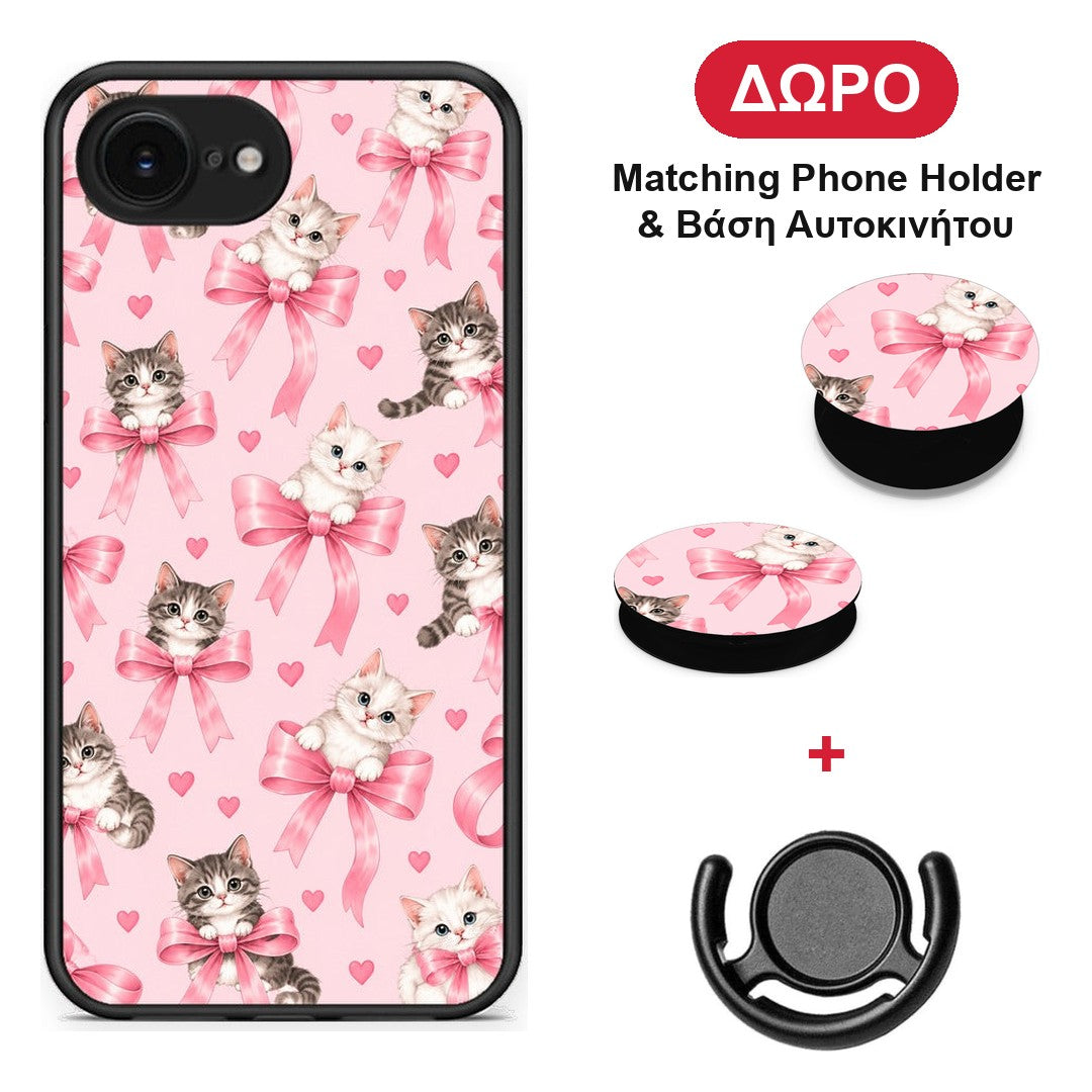 Kittens and Pink Bows on Pink - iPhone 16e θήκη + Δώρο Phone Holder & Βάση Αυτοκινήτου