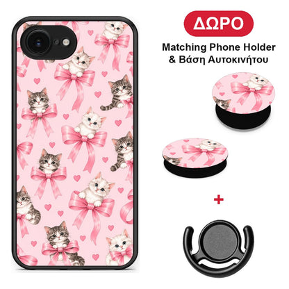 Kittens and Pink Bows on Pink - iPhone 16e θήκη + Δώρο Phone Holder & Βάση Αυτοκινήτου