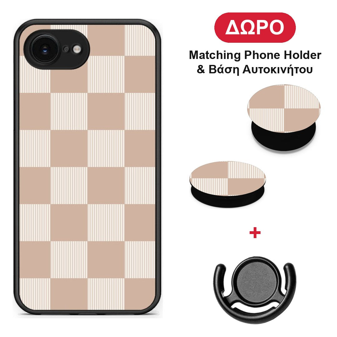Latte and Cream Striped Checks - iPhone 16e θήκη + Δώρο Phone Holder & Βάση Αυτοκινήτου