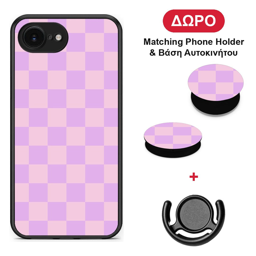 Lavender and Pink Checkerboard - iPhone 16e θήκη + Δώρο Phone Holder & Βάση Αυτοκινήτου