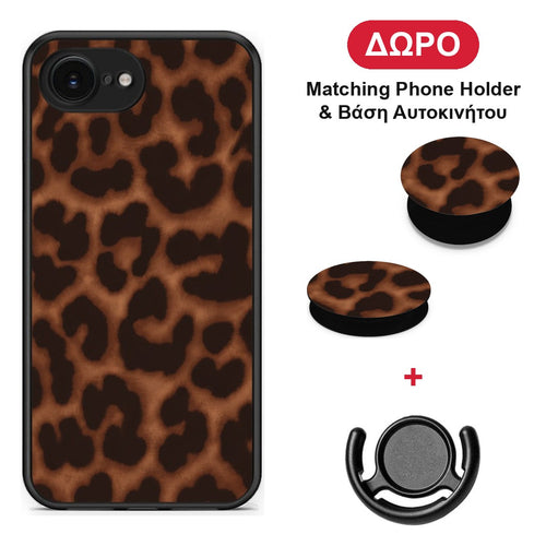 Leopard Print Dark Brown - iPhone 16e θήκη + Δώρο Phone Holder & Βάση Αυτοκινήτου