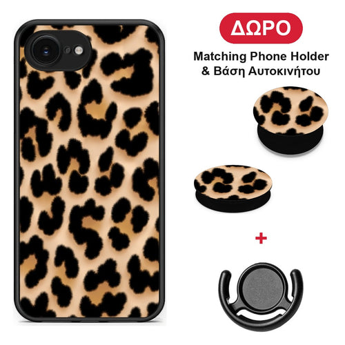 Leopard Print Tan Large - iPhone 16e θήκη + Δώρο Phone Holder & Βάση Αυτοκινήτου