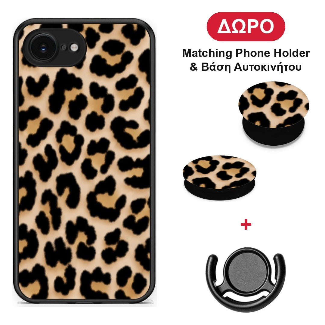 Leopard Print Tan Small - iPhone 16e θήκη + Δώρο Phone Holder & Βάση Αυτοκινήτου