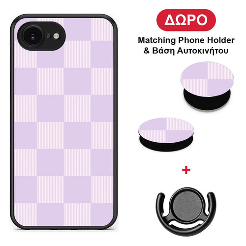 Lilac and Cream Striped Checks - iPhone 16e θήκη + Δώρο Phone Holder & Βάση Αυτοκινήτου