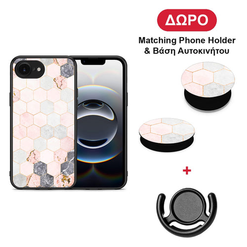 Marble Hexagon Pink - iPhone 16e θήκη + Δώρο Phone Holder & Βάση Αυτοκινήτου