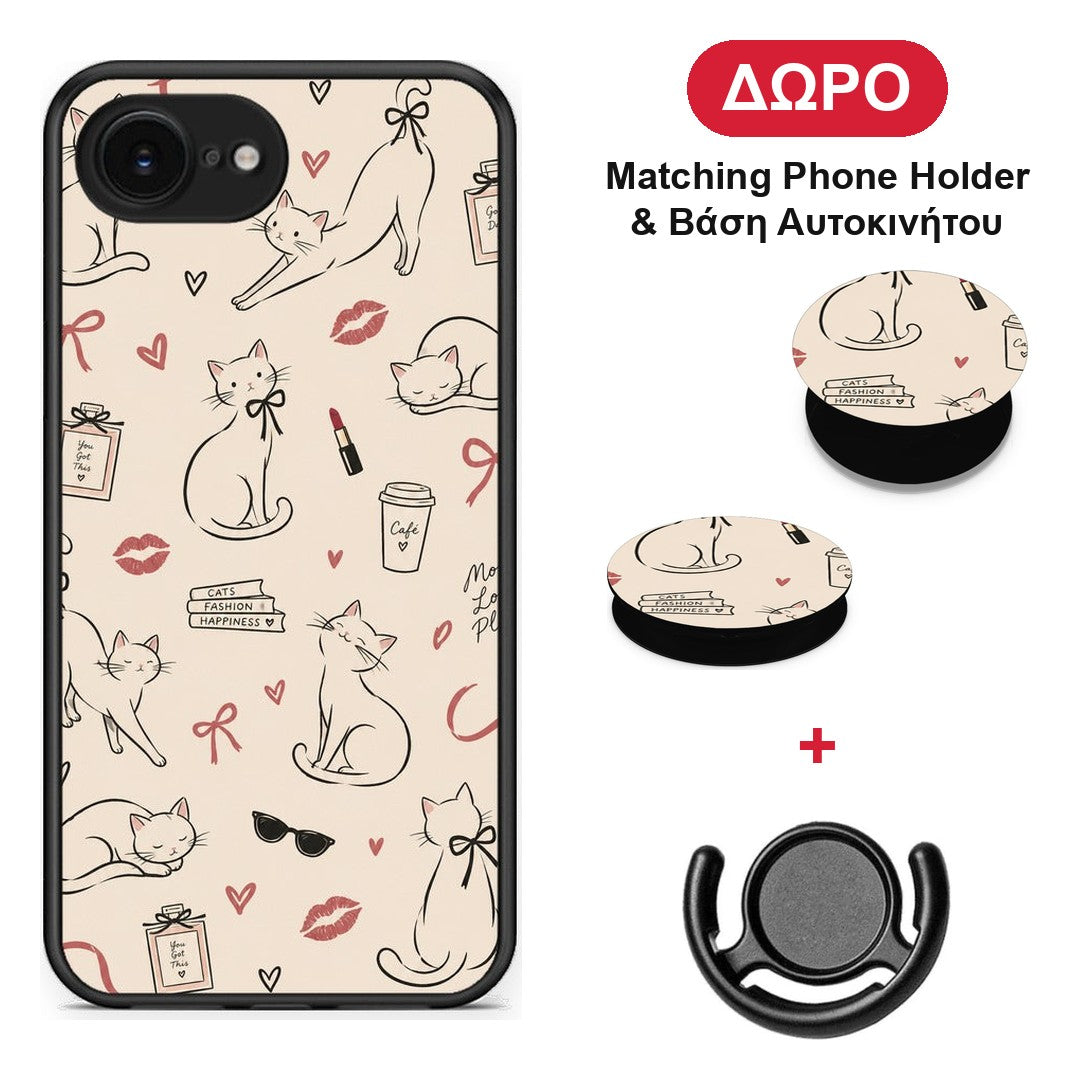 Minimal Cat and Fashion Doodles on Cream - iPhone 16e θήκη + Δώρο Phone Holder & Βάση Αυτοκινήτου