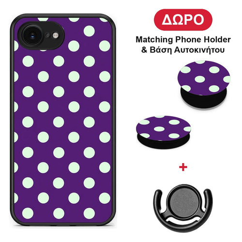 Mint Polka Dots on Purple - iPhone 16e θήκη + Δώρο Phone Holder & Βάση Αυτοκινήτου