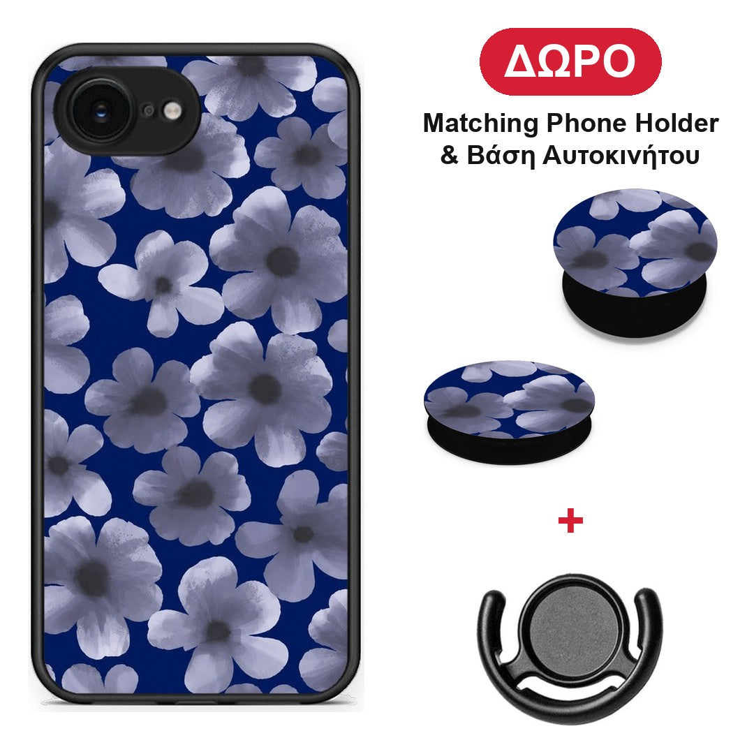 Pale Blue Flowers on Navy - iPhone 16e θήκη + Δώρο Phone Holder & Βάση Αυτοκινήτου