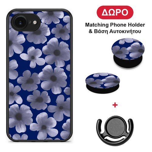 Pale Blue Flowers on Navy - iPhone 16e θήκη + Δώρο Phone Holder & Βάση Αυτοκινήτου