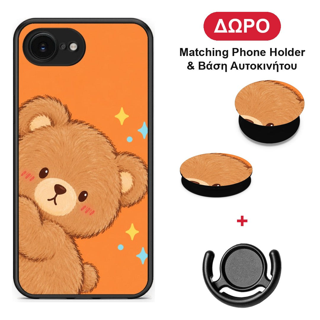 Peekaboo Teddy on Orange - iPhone 16e θήκη + Δώρο Phone Holder & Βάση Αυτοκινήτου