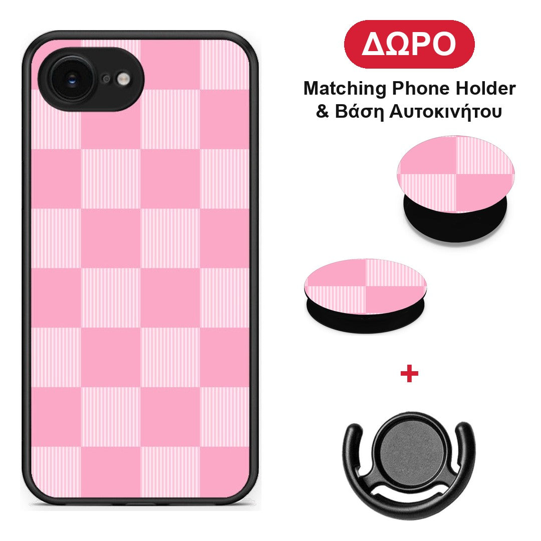 Pink and White Striped Checks - iPhone 16e θήκη + Δώρο Phone Holder & Βάση Αυτοκινήτου