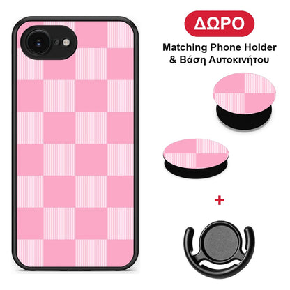 Pink and White Striped Checks - iPhone 16e θήκη + Δώρο Phone Holder & Βάση Αυτοκινήτου