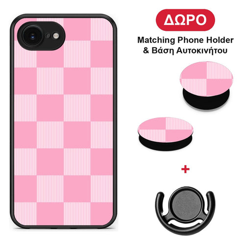 Pink and White Striped Checks - iPhone 16e θήκη + Δώρο Phone Holder & Βάση Αυτοκινήτου
