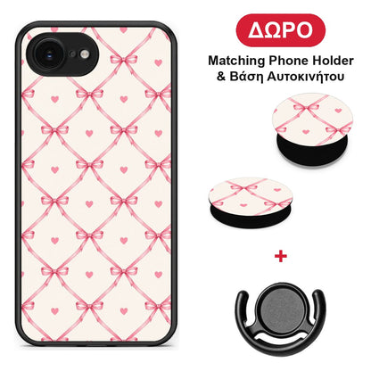 Pink Bow Lattice and Hearts on Cream - iPhone 16e θήκη + Δώρο Phone Holder & Βάση Αυτοκινήτου