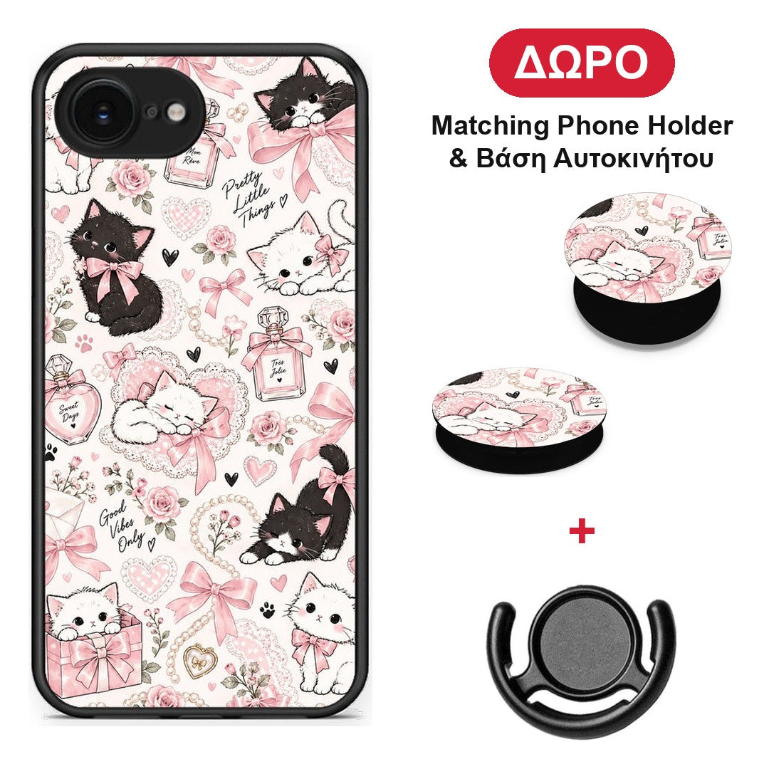 Pink Bows and Kittens Collage - iPhone 16e θήκη + Δώρο Phone Holder & Βάση Αυτοκινήτου