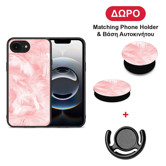 Boho Pink Feather - iPhone 16e θήκη + Δώρο Phone Holder & Βάση Αυτοκινήτου