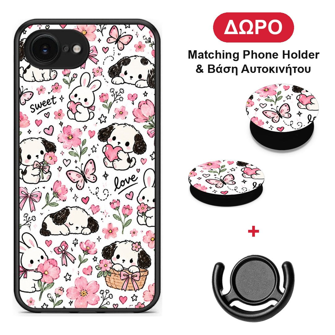 Pink Florals Puppies and Bunnies on White - iPhone 16e θήκη + Δώρο Phone Holder & Βάση Αυτοκινήτου