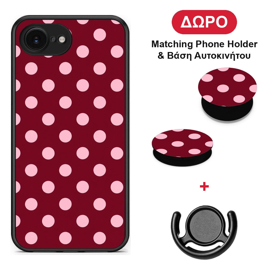 Pink Polka Dots on Burgundy - iPhone 16e θήκη + Δώρο Phone Holder & Βάση Αυτοκινήτου