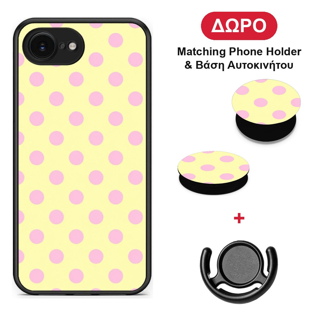Pink Polka Dots on Yellow - iPhone 16e θήκη + Δώρο Phone Holder & Βάση Αυτοκινήτου