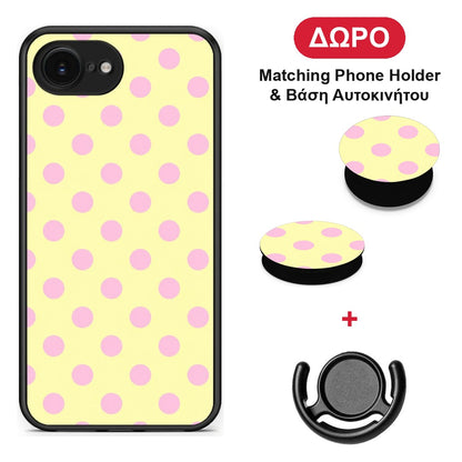 Pink Polka Dots on Yellow - iPhone 16e θήκη + Δώρο Phone Holder & Βάση Αυτοκινήτου