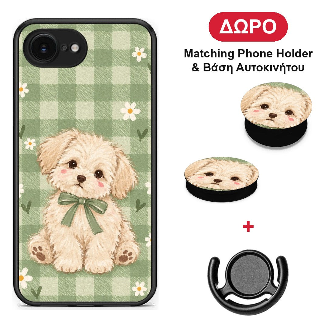 Puppy and Daisies on Sage Gingham - iPhone 16e θήκη + Δώρο Phone Holder & Βάση Αυτοκινήτου